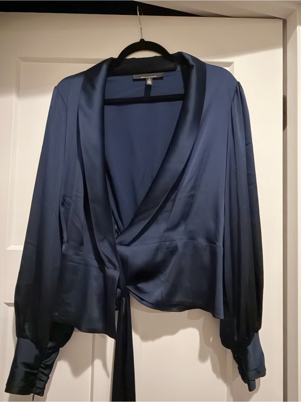 White House Black Market Navy Satin Draped Wrap Blouse